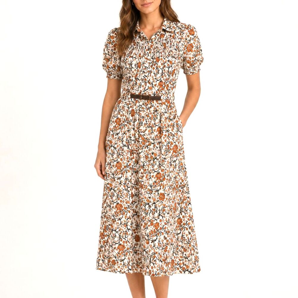 Anthropologie Maeve Brown Floral Print Smocked Button Front Midi Shirt Dress